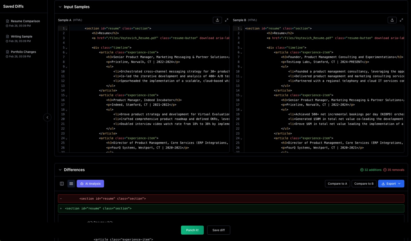 SnipChecker comparing two versions of an HTML file side by side